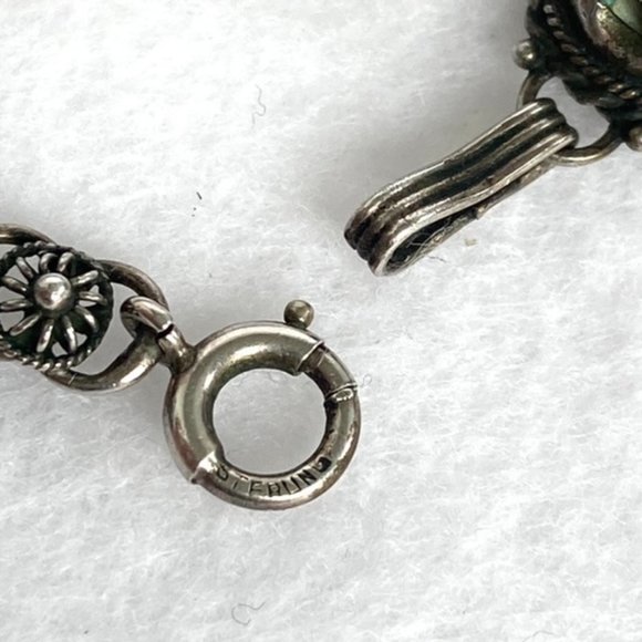 VTG Sterling Silver 925 Faience Glazed Ceramic Blue Scarab Link Bracelet 7" - Picture 8 of 16